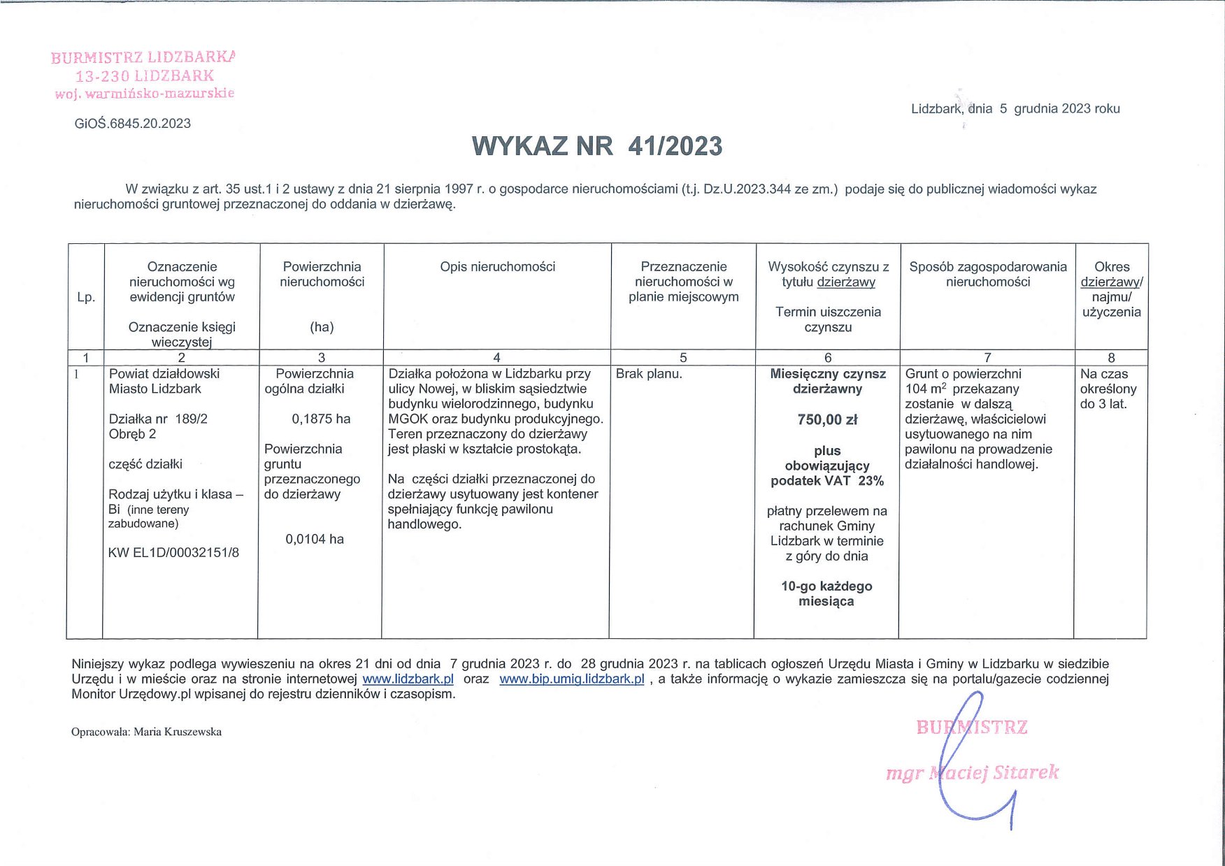 Nieruchomość gruntowa do dzierżawy - Lidzbark, ul. Nowa